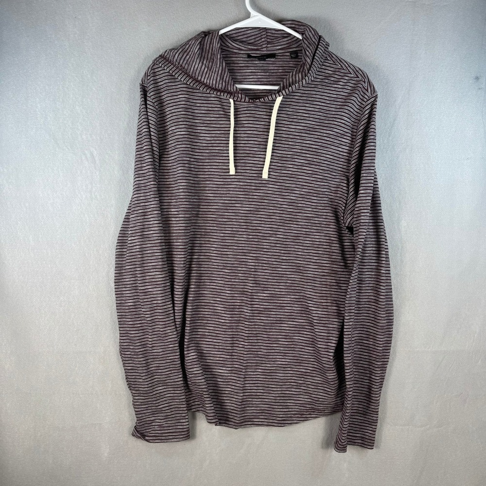 Vince Mens Striped Cotton Hoodie Burgundy Grey Long Sleeve Pullover Size M